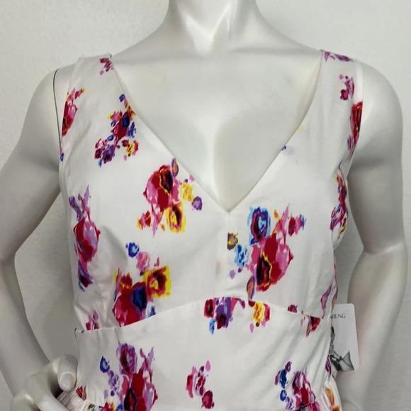 Prabal Gurung "NEW" White Floral V-Neck Ruffle Sleeveless Mini Dress Size 12 - Picture 3 of 11